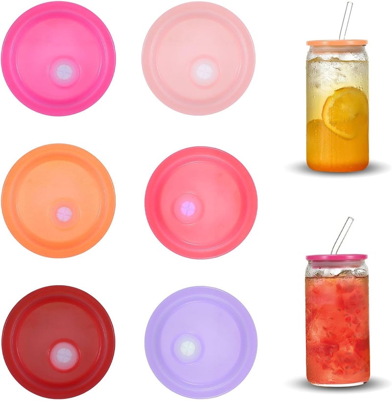 YONHTUTU 6 Pack Acrylic Lids for 16 oz / 20 oz Glass Cups, Replacement Can Straw Lids for Mason Jar, Spill Proof Reusable Plastic Cover Bamboo Lid for Glass Cups Beer Soda Can Coffee Tumbler Cup, Multi-Colored - Image 1